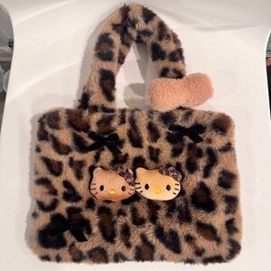 Hello Kitty Handbag Purse Tote Leopard Small Faux Fur - Snap Button Closure New